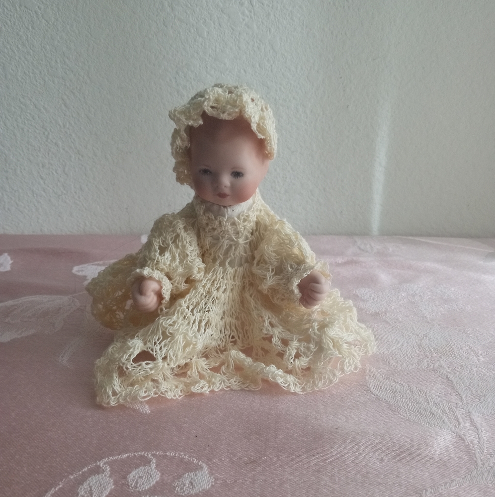 Miniature Porcelain Doll with Crochet Dress & Hat 6"